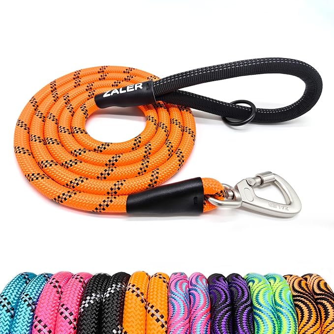 ZALER Rope Dog Leash, 4/5/6/10/15/20/30/50 Foot Reflective Dog Leashes with Carabiner, Heavy Duty Pet Lead for Large and Medium Dogs (5FT, Orange)