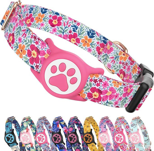 Airtag Dog Collar,with Waterproof airtag Holder，Original Stylish Cute Pattern Design.QR Code ID Buckle，Comfortable Soft Cotton for Small Medium Large Dogs