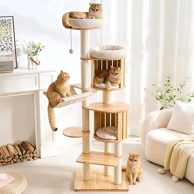 HITTITE Solid Wood Cat Tree Tower with Scratching Post, 70 Inches Tall Cat Towers with Hammock and Condo, Modern Cat Tower with Removable Top Bed for Indoor Cats.