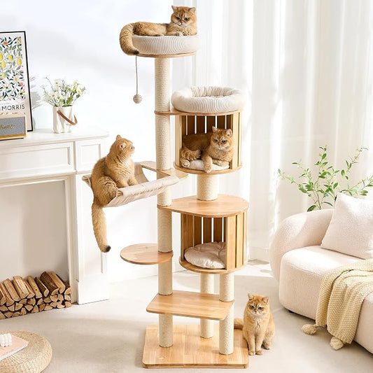 HITTITE Solid Wood Cat Tree Tower with Scratching Post, 70 Inches Tall Cat Towers with Hammock and Condo, Modern Cat Tower with Removable Top Bed for Indoor Cats.