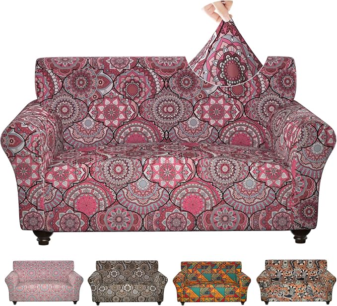 Stretch Couch Covers for 2 Separate Cushion Couch Sofa - Floral Printed Couch Sofa Cover ,Washable Sofa Slipcover,Pet Friendly Furniture Protector with Elastic Bottom,Universal Fit for Home(Loveseat)