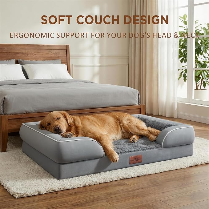 Comfort Expression Orthopedic Dog Bed for Large Dogs 36x27 Inch, Waterproof Supportive Egg Crate Foam Large Pet Bed with Removable Bolsters, Dog Couch with Washable Cover & Non-Slip Bottom, Grey