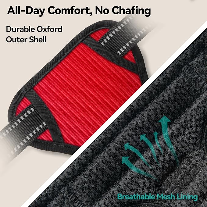 PHOEPET Reflective Dog Harness No Pull Large Breed Vest with 2 Metal Leash Attachment Hooks(L, Red)