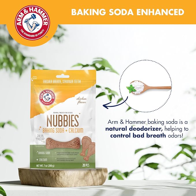 Arm & Hammer for Pets Nubbies Dental Treats Baking Soda Calcium Nubbed Texture Helps Scrub Plaque Tartar Chicken Flavor Daily Oral Care 20 Count 7 OZ Single Bag Daily Home Dental Care Bag