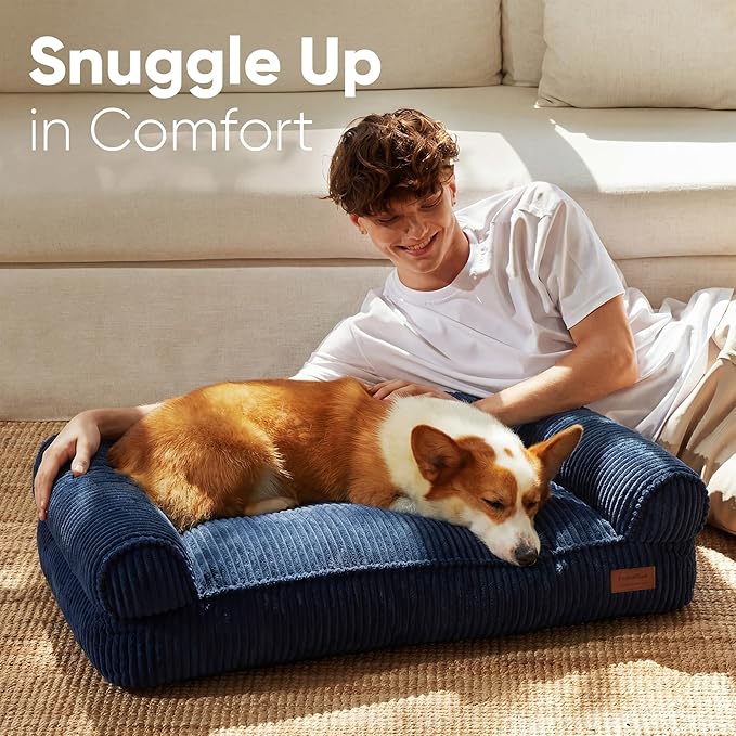 FUKUMARU Dog Couch Bed, Corduroy Cozy Cat Bed for Indoor Cats with Washable Cover, 28in Waterproof Orthopedic Dog Beds Sofa for Small Dogs and Large Cats, Cute Warm Cotton Pet Sofa, Blue