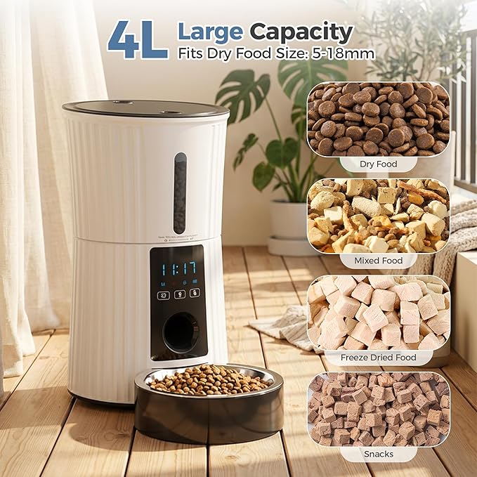 DUMOS 2.4G WiFi Automatic Cat Feeder, 4L Timed Cat Food Dispenser with APP Control, 10s Voice Recorder, Dual Power Supply, Indoor Programmable Pet Feeder with Desiccant for Small Cats and Dogs, White