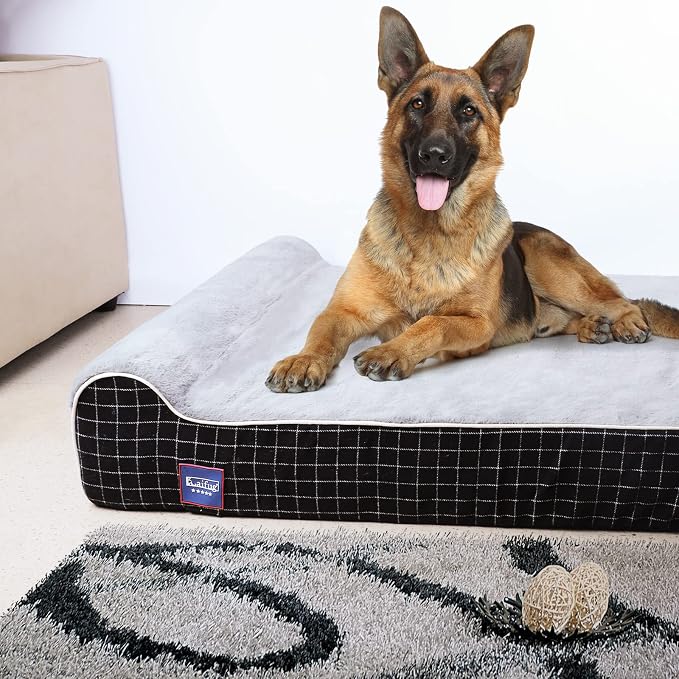 Laifug Orthopedic Dog Beds for Large Dogs,7" Memory Foam Dog Beds,Durable Water Proof Liner Removable and Washable, Nonskid Bottom, Black Grid Grey 50"x36"x7"