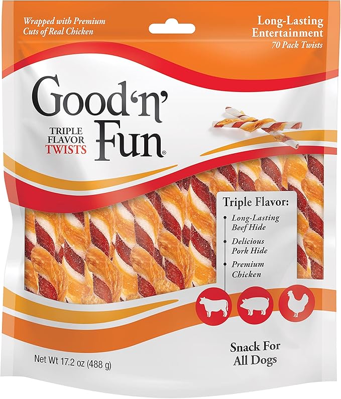 Good 'n' Fun Twists Long-Lasting Dog Treat, With Real Proteins, Beef Hide and Premium Chicken, Supports Dental Health, Mental Stimulation, 70 count