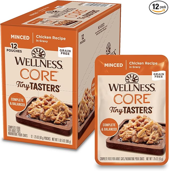 Wellness CORE Tiny Tasters Minced Adult Wet Cat Food, Natural, Protein Rich, Grain Free, Chicken Recipe, 1.75 oz, Pack of 12 Pouches