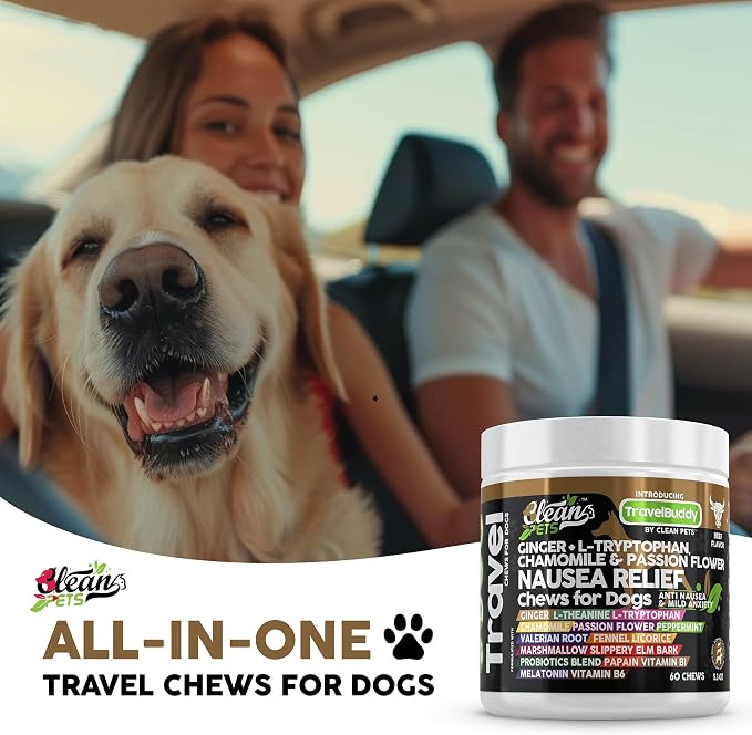 Clean Pets Travel Chews Nausea Relief for Dogs | Ginger L-Tryptophan Chamomile Passion Flower L-Theanine Peppermint Valerian Root Fennel Licorice Root Marshmallow Root Slippery Elm Melatonin Chew