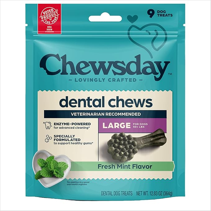 Chewsday Fresh Mint Flavor Dental Chews, Large Dog Treats, Healthier Teeth and Fresher Breath, Enzyme Powered for Advanced Cleaning, Made in the USA, 9 Count