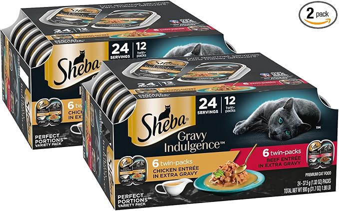 Sheba Gravy Indulgence Adult Wet Cat Food Beef and Chicken Entree in Extra Gravy Variety Pack, 2.6 oz. Twin-Pack Trays (12 Count, 24 Servings) (Pack of 2)