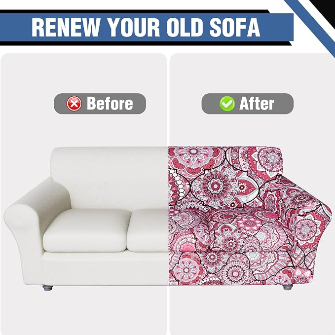 Stretch Couch Covers for 4 Separate Cushion Couch Sofa-Floral Printed Couch Sofa Cover,Washable Sofa Slipcover,Pet Friendly Furniture Protector with Elastic Bottom,Universal Fit for Home(Couch,Cover)