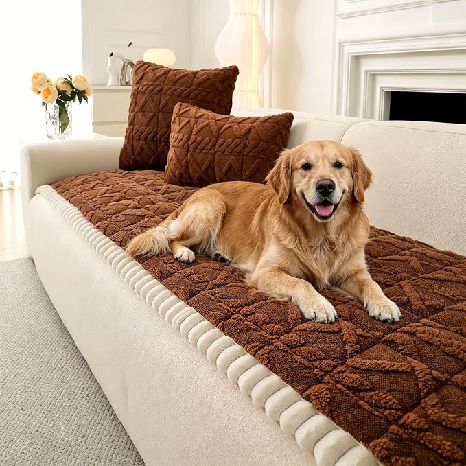 OTOB All Season Couch Cover for Dogs Washable, Geometric Jacquard Non Slip Soft Fuzzy Pet Couch Covers for 3 Cushion Couch, Cozy Plush Sofa Slipcovers Protector Dog Mat (Dark Coffee, 27.6" x 82.7")