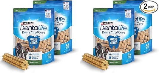 Dentalife Daily Oral Care Dog Treats for Small Dogs 5-20 lbs.,Chewy Dental Treat to Freshen Breath and Fight Tartar,Chicken Flavor,14.7 oz. Each,45 Chews each/90 Chews-45 ct. Pouch,(Pack of 2)