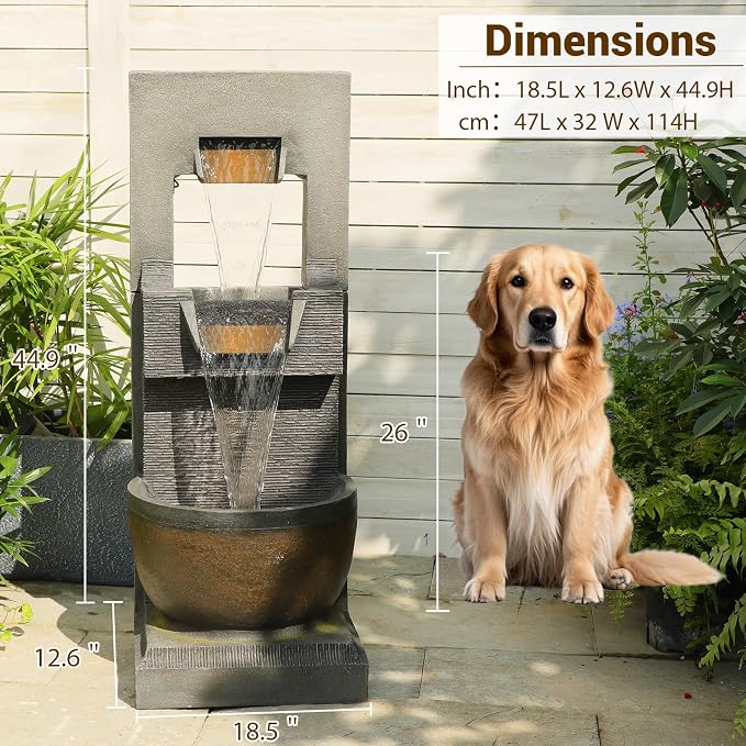 Sunlinua 39H Modern Outdoor Water Fountain with LED Light Garden Cascading Waterfall Feature for Indoor or Outdoor Cascading Waterfall for Relaxing Garden Patio Backyard Deck Porch or Home Décor