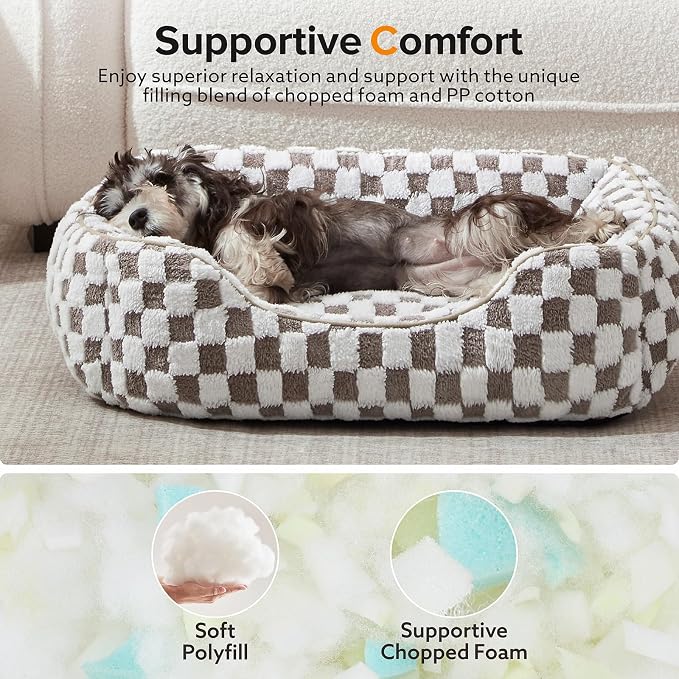 JOEJOY Dog Bed for Large Medium Small Dogs - Rectangle Orthopedic Dog Sofa Bed, Cute Modern Puppy Bed with Jacquard Shaggy Plush & Anti Slip Bottom, 35x25x10inches, Cofffee