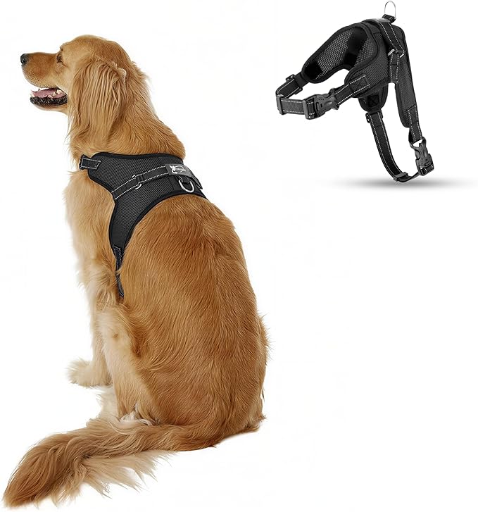 No Pull Reflective Adjustable Dog Harness with Handle- Comfortable Soft All Weather Mesh, Easy On Puppy Harness for Small Medium and Large Dogs (Black) Large