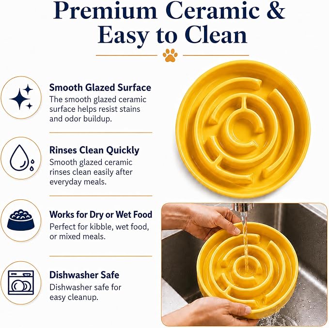 Slow Feeder Dog Bowls, Silicone Dog Bowl with Anti-Slip, Slow Feeder & Non-Slip Design, Boredom and Anxiety Reducer, Suitable for All Breed Dogs and Cat (Ceramic-Yellow)