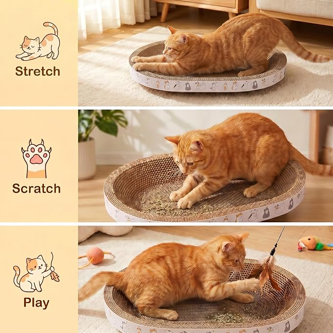 PatiencET Oval Cat Scratcher Lounge for Indoor Cats, Corrugated Cardboard Cat Scratch Pad Bed with Catnip, Cat Scratching Board for Scratching, Stretching, Playing and Lounging, 17 x 12 Inch