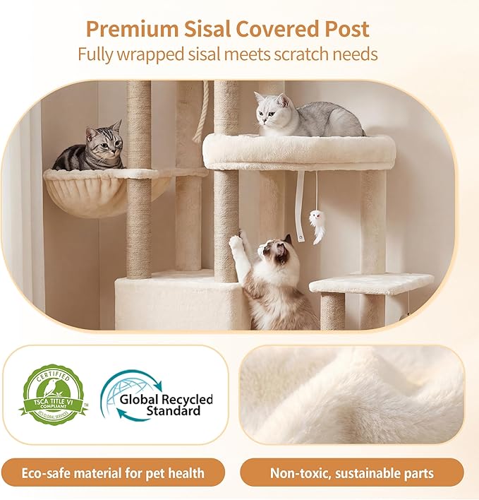 Heybly Cat Tree, 59.4" Secure Anti-Tip Cat Tower for Large Cats, Spacious Cat Furniture with Dual-Tier Cat Condo, 2 Top Perches, Hammock and Sisal Scratching Posts, Beige HCT055MJ