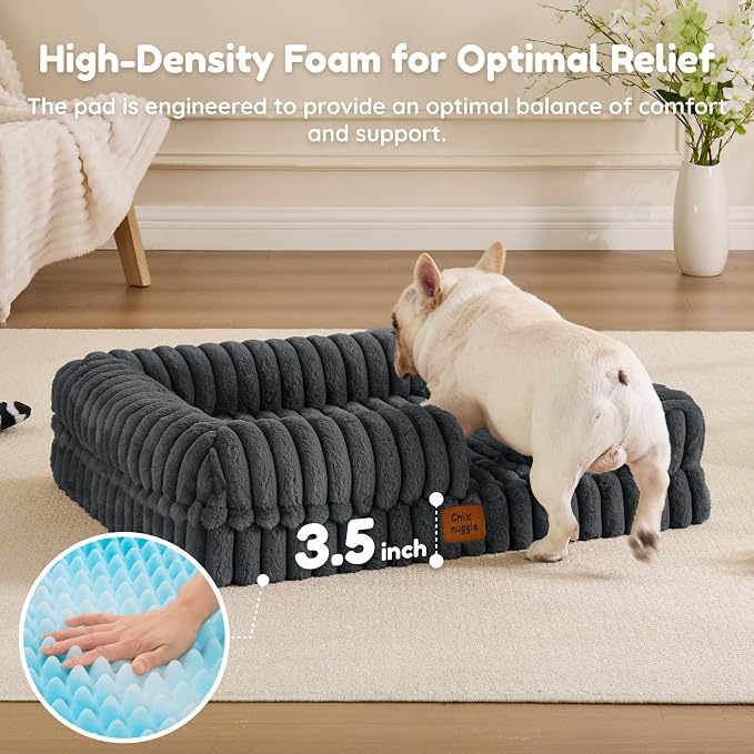 ChiXnuggle Rectangular Orthopedic Dog Bed for Medium Dogs, Waterproof Washable Faux Rabbit Fur Dog Couch with Egg Crate Foam Support, Bolster Pet Sofa with Non-Slip Bottom, 30x24x7, Dark Grey