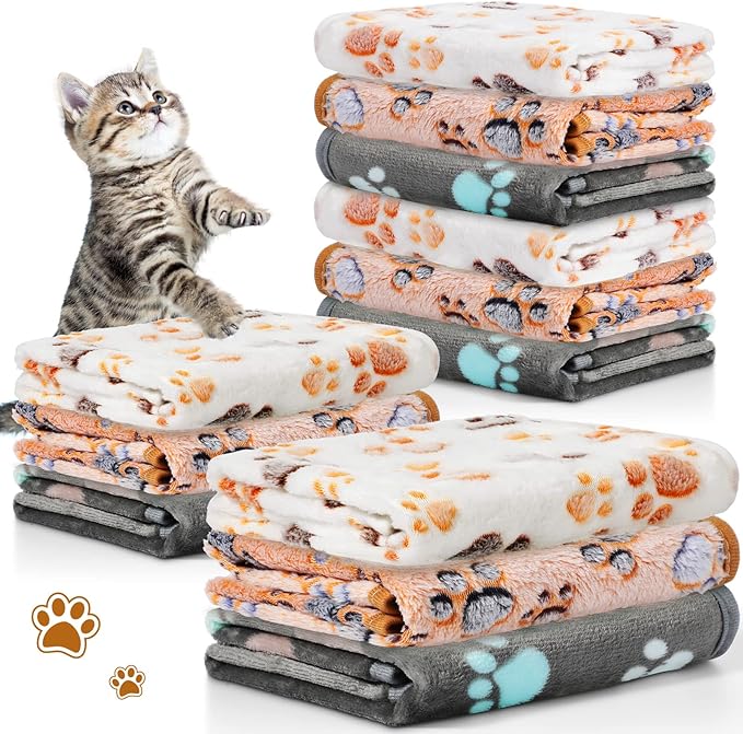 Tegeme 12 Pcs Pet Blankets 23 x 16 Inch Soft Fluffy Fleece Dog Cat Warm Paw Print Pattern Blankets Flannel Throw for Pets Dog Puppy Cat(Dark Gray, White, Camel)