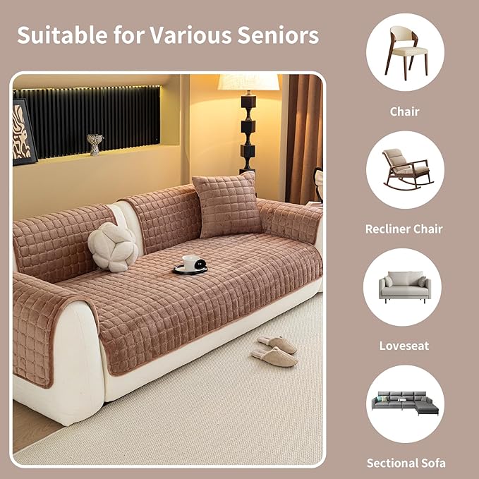 Velvet Couch Cover, Plush Sectional Sofa Cover Washable, Anti Slip Sofa Slipcover for 4 Cushions Sofas, Furniture Protector Covers for Pets & Kids(1PC, Dark Brown, 35.4"×94.5", 4-Seater)