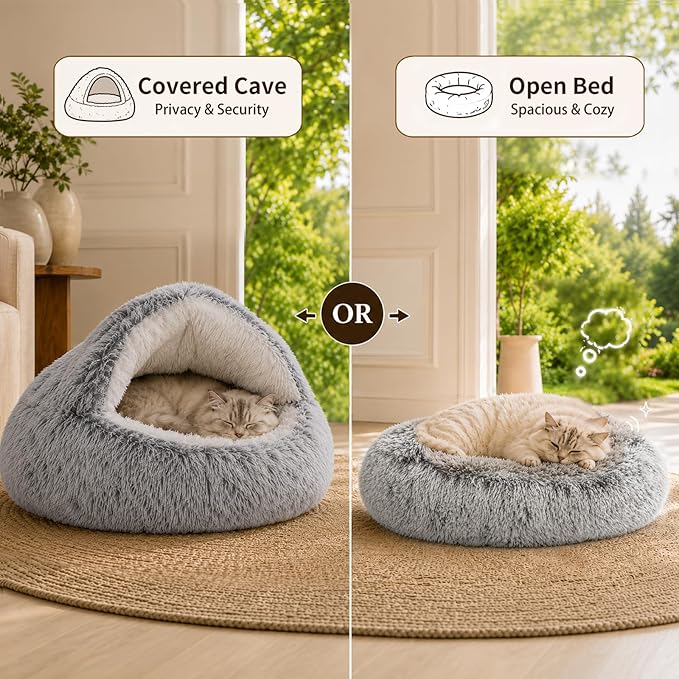 ShinHye Cat Bed Round Plush Fluffy Hooded Cat Bed Cave, Cozy for Indoor Cats or Small Dog beds, Soothing Pet Beds Doughnut Calm Anti-nxiety Dog Bed - Waterproof Bottom Washable (20×20inch, Grey)