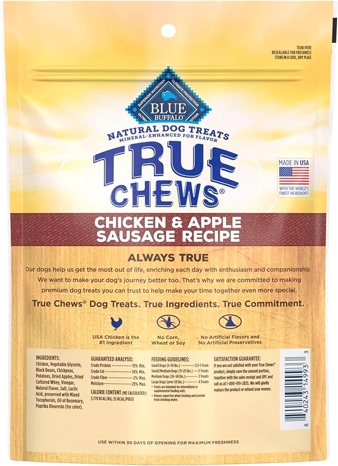 Blue Buffalo True Chews Chicken & Apple Sausage Natural Dog Treats, Real Meat Dog Snacks, Healthy Reward or Training Treat, Made in the USA with Real Chicken & Natural Ingredients, 12 oz.