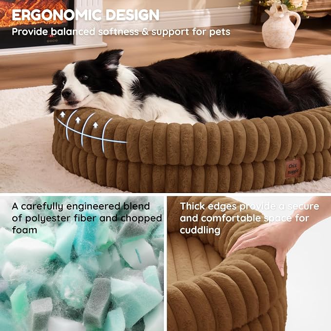 ChiXnuggle Orthopedic Dog Bed for XL Dogs, Waterproof Faux Rabbit Fur Dog Couch with Egg Crate Foam Support and Washable Removable Cover, Bolster Pet Sofa with Non-Slip Bottom, 41x30x7, Brown