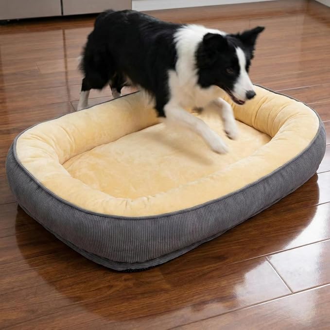 Calming Dog Bed for Medium to Large Dogs 30"x21" - Orthopedic Washable Pet Bed with Anti-Slip Bottom, Indoor Soft Cat Bed with Removable Cover (Beige)