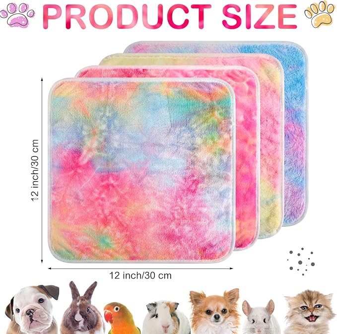 Reginary 4 Pcs Waterproof Guinea Pig Blankets Washable Small Animal Fleece Bedding Absorbent Guinea Pig Cage Liners Reusable Training Pee Pad Pet Sleep Mat for Hamster(Tie Dye Pattern,12 x 12 Inch)