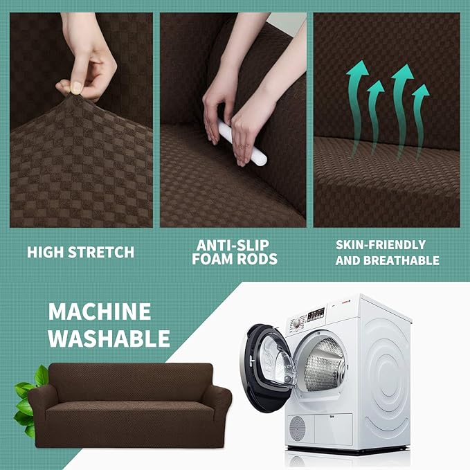 YEMYHOM Couch Cover Latest Jacquard Design High Stretch Sofa Covers for 3 Cushion Couch, Pet Dog Cat Proof Slipcover Non Slip Magic Elastic Furniture Protector (Large, Dark Coffee)