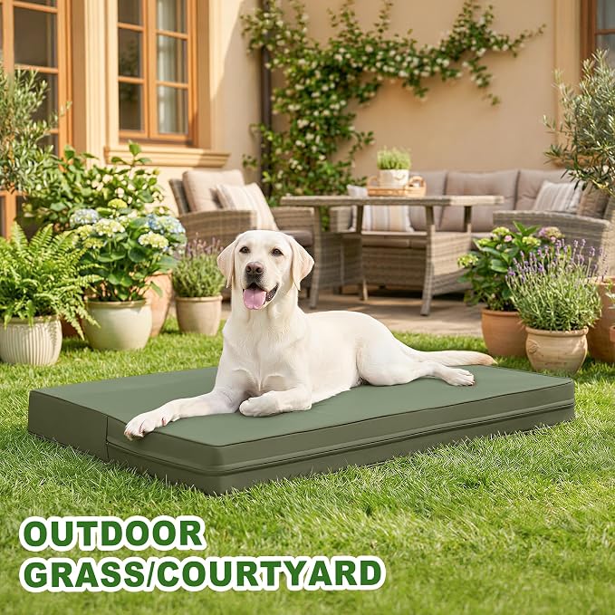 Vonabem Outdoor Dog Bed Waterproof Washable, XL Large Dogs Crate Pad 42 inch, Wipeable Leather Pet beds, Foam Anti-Slip Kennel Pads with Removable Cover Reversible, 41"x27" Green