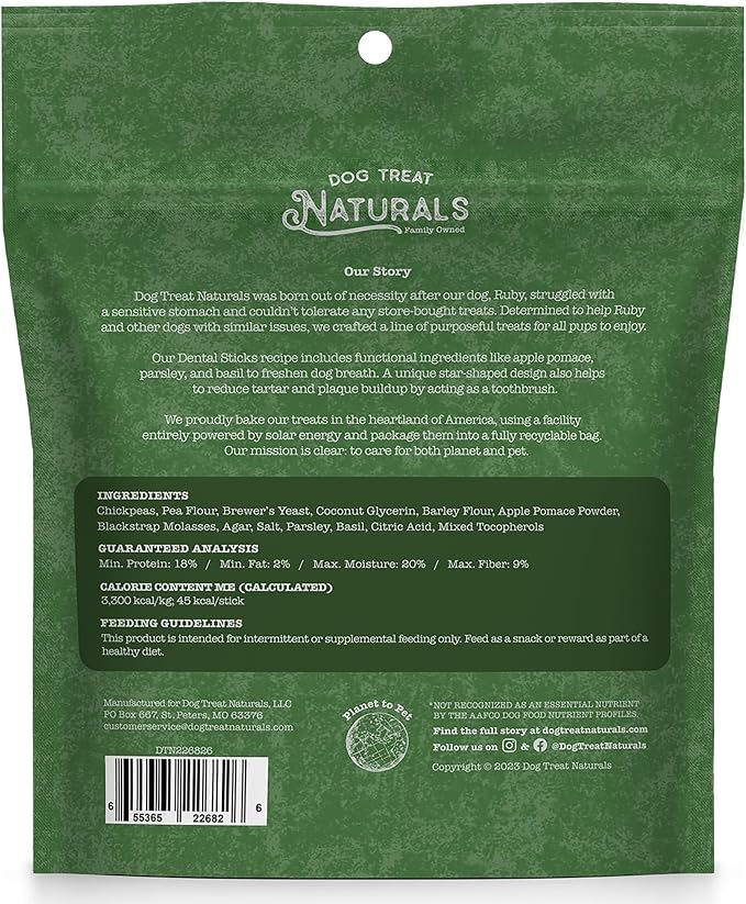 Dog Treat Naturals Chickpea & Basil Dental Sticks 10oz, 20ct | Dog Dental Chew Treats for Small, Medium, Large Dogs | Freshen Breath, Fight Plaque-Tartar | Natural Teeth Cleaning Treats | USA Made