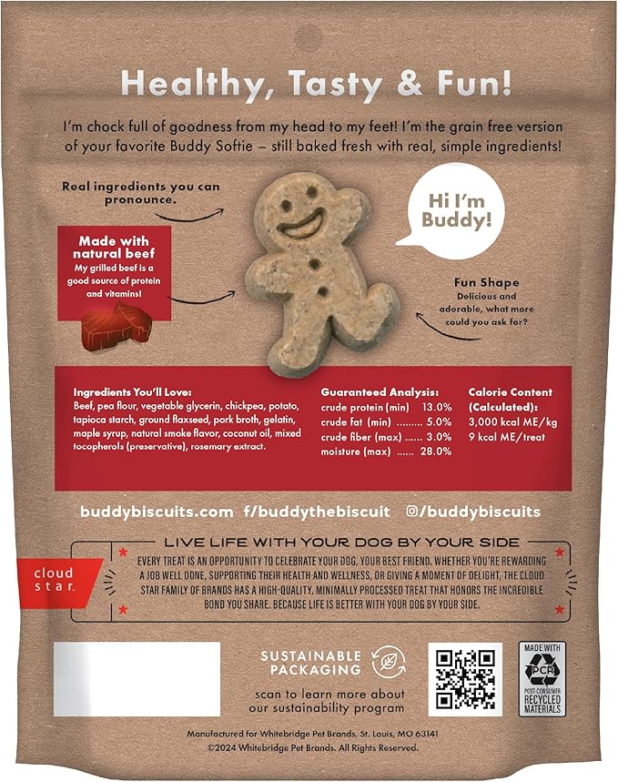 Buddy Biscuits Softies 5 oz Pouch, Grain-Free Soft & Chewy, Natural Grilled Beef Flavor Dog Treats, Oven Baked in the USA