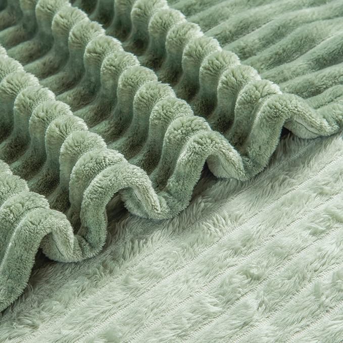 Bnuitland Sage Green Fleece Throw Blanket 90"x108",300GSM Soft Cozy Warm Lightweight Stripe Pattern for Bed Sofa Home Decor,Suitable for Adults Family All Season