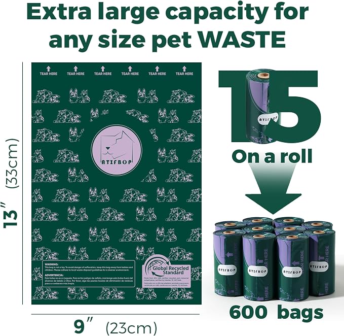 ATIFBOP Dog Poop Bags Rolls, Extra Thick and Leak-proof Poop Bag for Dogs, 600 Bags 40 Refill Rolls, Scented Waste Bag for Dog and Cat, Made form 65% Recycled Plastics