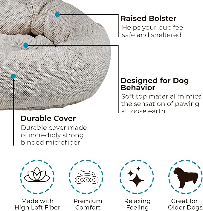 Bowsers Aspen Chenille Donut Bed for Dogs - Calming Dog Bed with Removable Tufted Cushion and Overstuffed Bolster Ring - with High Memory Polyester Fiber and Upholstery Grade Fabric - Large