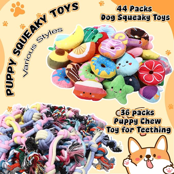 Hungdao 80 Pcs Dog Squeaky Toys Bulk for Small Dog Cute Plush Stuffed Puppy Chew Teething Toys Pet Bundle Easter Gift for Chewing Cleaning & Interactive Play(Rope Style)