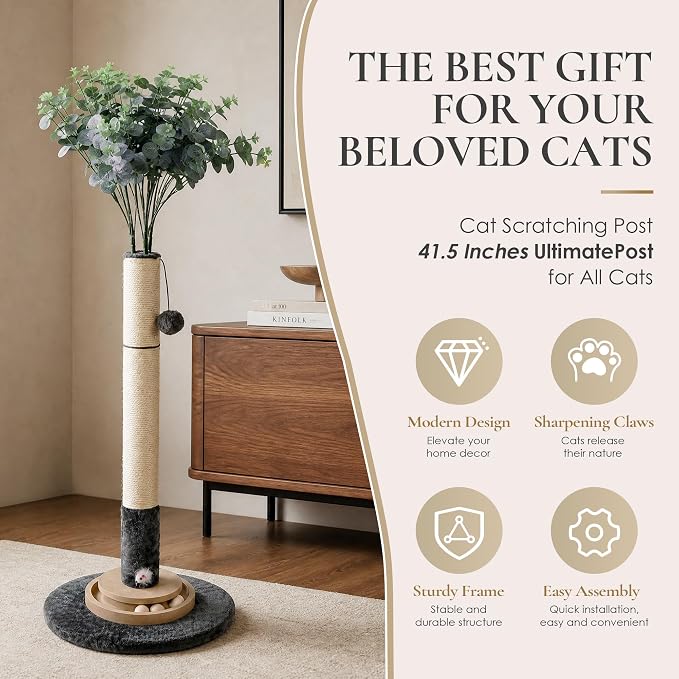 35 Inch Cat Scratching Post, Eucalyptus Sisal Rope Cat Tree Tower with Hanging Ball & Interactive Mouse Toy, Durable Scratcher for Indoor Adult Cats