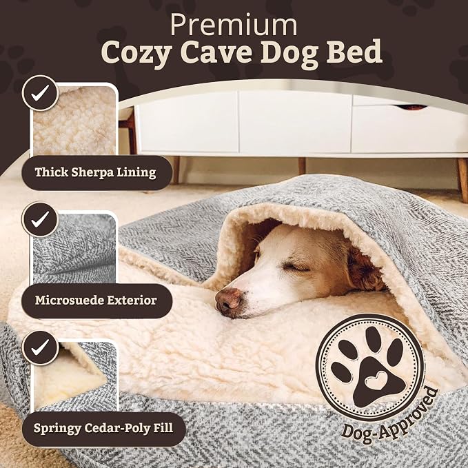 Snoozer Cozy Cave Dog Bed - Indoor Dog Bed with Cover Cave, Covered Calming Burrow for Small Sized Pets with Blanket Attached, Enclosed, Removable Washable Cover - Small, Palmer Dove