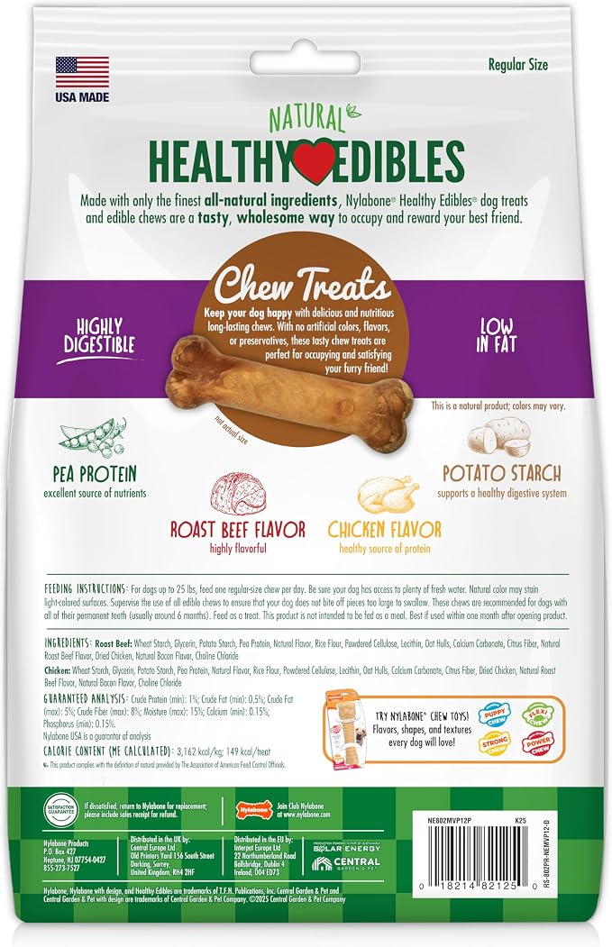 Nylabone Healthy Edibles Natural Dog Chews, Long Lasting Bones for Dogs, Roast Beef & Chicken Flavor Dog Treats, Small (12 Count)