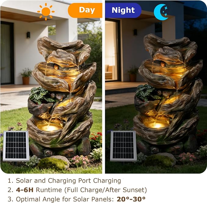 4-Tier Solar Water Fountain Outdoor Cascading Realistic Tree Trunk Waterfall Outdoor Fountains for Garden, Patio, Backyard, Deck, Porch, 25.2" H x 14.56" L x 10.24" W