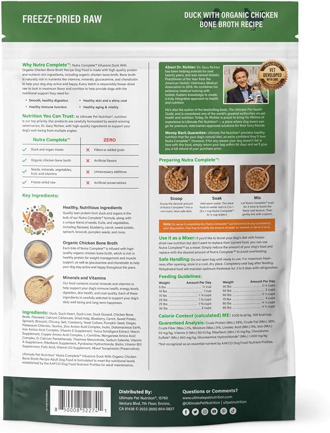 ULTIMATE PET NUTRITION Nutra Complete Bone Broth Infusions, 100% Freeze Dried Raw Veterinarian Formulated Dog Food with Antioxidants Prebiotics and Amino Acids (1 Pound, Bone Broth Duck)
