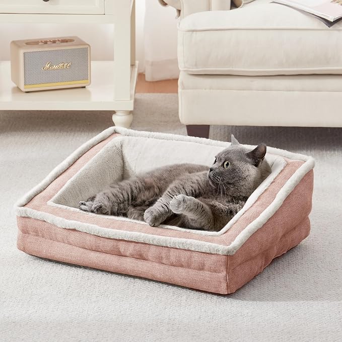 Laojin Balhen Cat Couch for Pets, Washable Cat Beds for Indoor Cats, Super Soft Plush Supportive Dog Couch Bed for Puppy and Kitten with Anti-Slip Bottom, 24inch, Pink