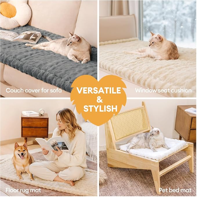 FUNNY FUZZY Pet Couch Cover for Sofa, Waterproof Couch Cover for Dogs Washable, Pet Friendly Fuzzy Sofa Covers Thick Soft Dog Bed Mat Non Slip for Couches and Sofas, Cream White, 27.6"×59.1"