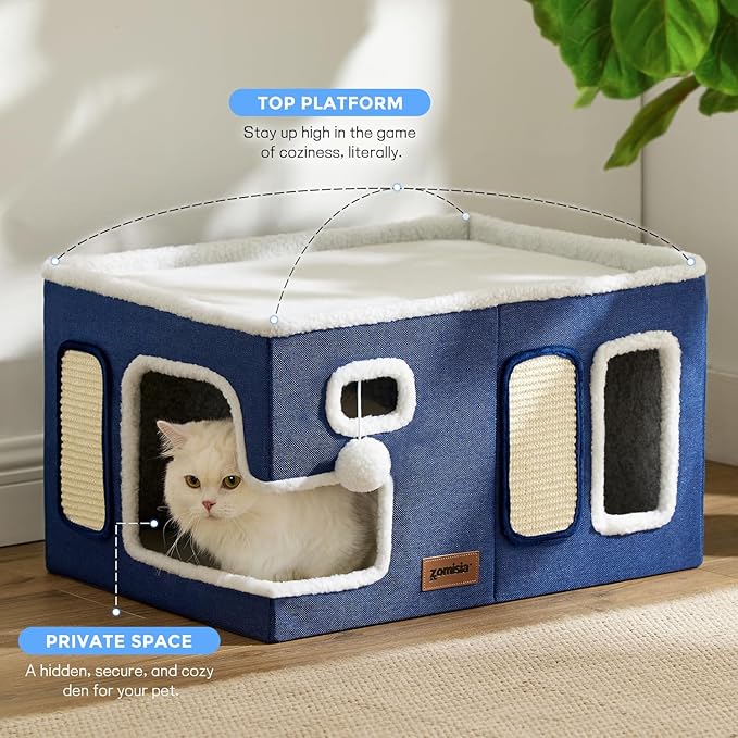 ZOMISIA Heated Cat House for Indoor Cats - Large Cat Warming Bed for Winter with Fluffy Ball Hanging and Adjustable Heating Pad, Foldable Cat Hideaway,23x16.5x13 inches, Navy Blue