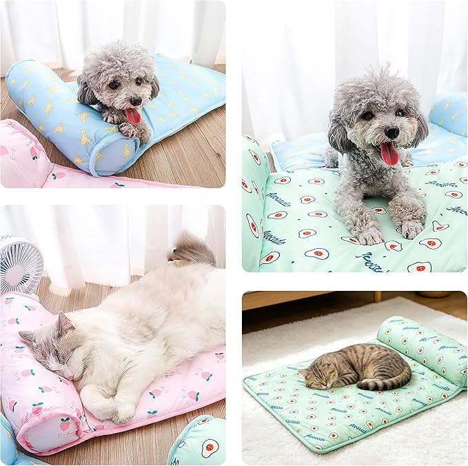 PUMYPOREITY Cooling Dog Bed, Pet Cooling Mat with Pillow, Ice Silk Cooling Dog Blanket, Self Cooling Pad for Cat,Dog, Washable Summer Pet Mat for Kennel, Crates, Sofa, Floor, Blue, L